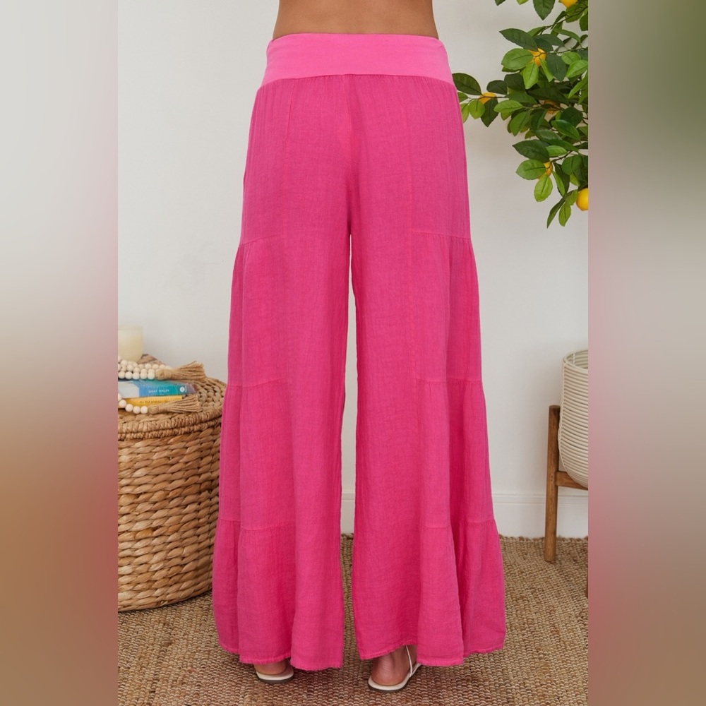 (2-36/255005-SOL-FUC) LINEN TIERED PALAZZO PANT - Picture 2 of 4